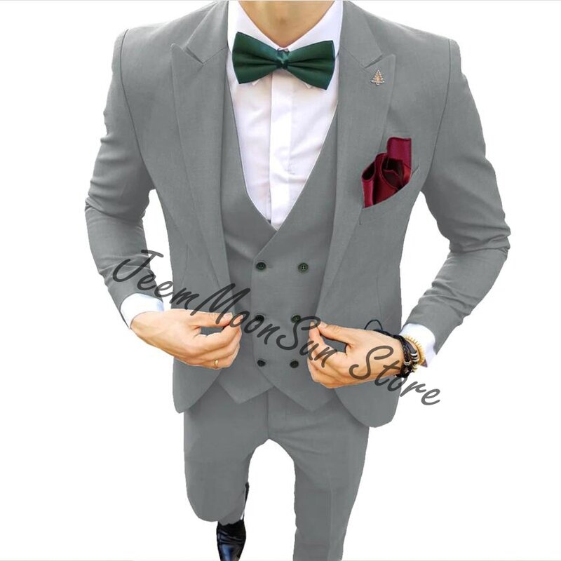 Новейший дизайн, серые мужские костюмы, смокинги для выпускного вечера, приталенные свадебные костюмы для жениха из 3 предметов, мужские костюмы на заказ, Блейзер, жилет, брюки, мужской костюм