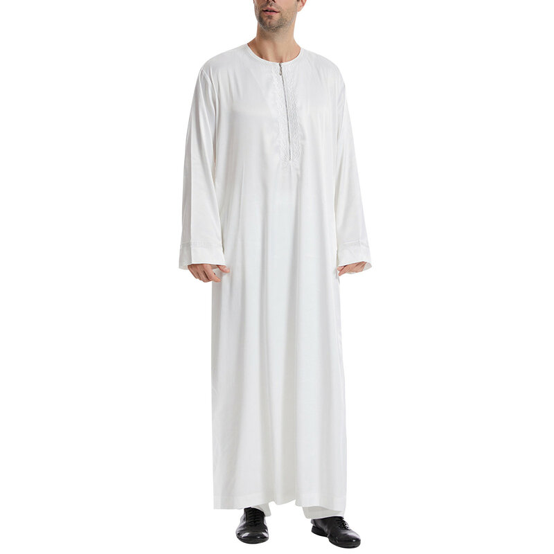 Jubba Thobe muçulmano para homens, roupão kaftan árabe islâmico, roupão de manga comprida, vestes respiráveis monocromáticas, zíper gola redonda, 2024