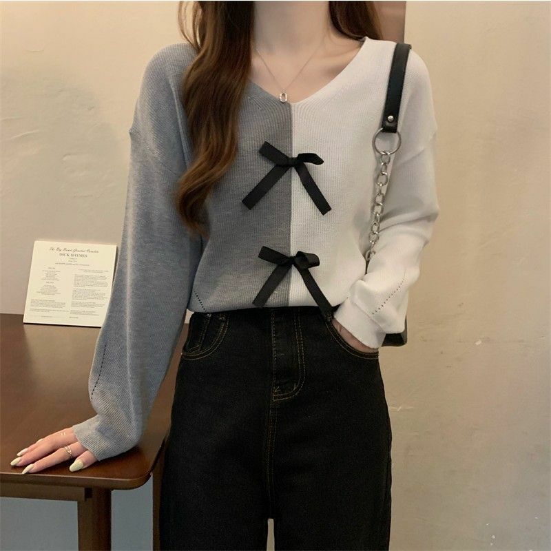 Kawaii Bogen getäfelte Pullover Pullover Frauen V-Ausschnitt süß gestrickt Temperament Harajuku Designer sanfte Mode Kleidung свитер женский
