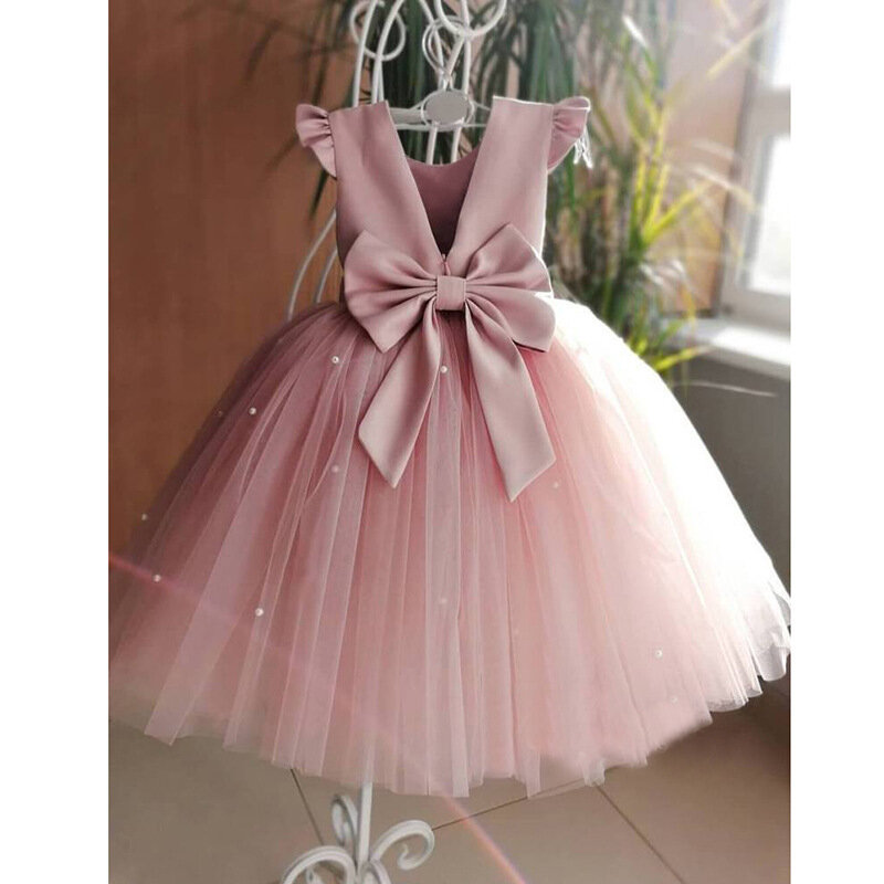 Gaun bunga merah muda untuk anak perempuan, gaun pesta pernikahan kain Tule tanpa lengan pita mutiara, gaun pesta pernikahan elegan untuk bayi anak-anak