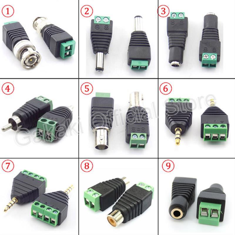 Conector estéreo Jack para áudio e vídeo, plugue macho e fêmea, RCA, AV, CCTV, câmera, alto-falante, conectores de fio, 3,5mm