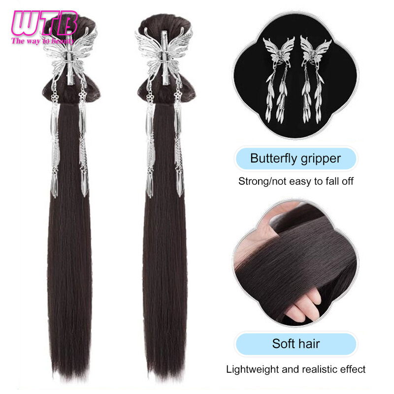 WTB Synthetic Wig Braid Ponytail Fringed Bow Grip Double Ponytail Cosplay Wig Long Straight Ponytail