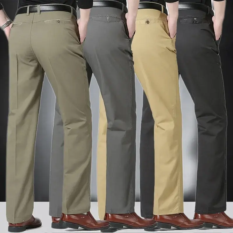 Pantalon de costume confortable en coton pour hommes, Long, droit, Slim Fit, tenue d'affaires décontractée