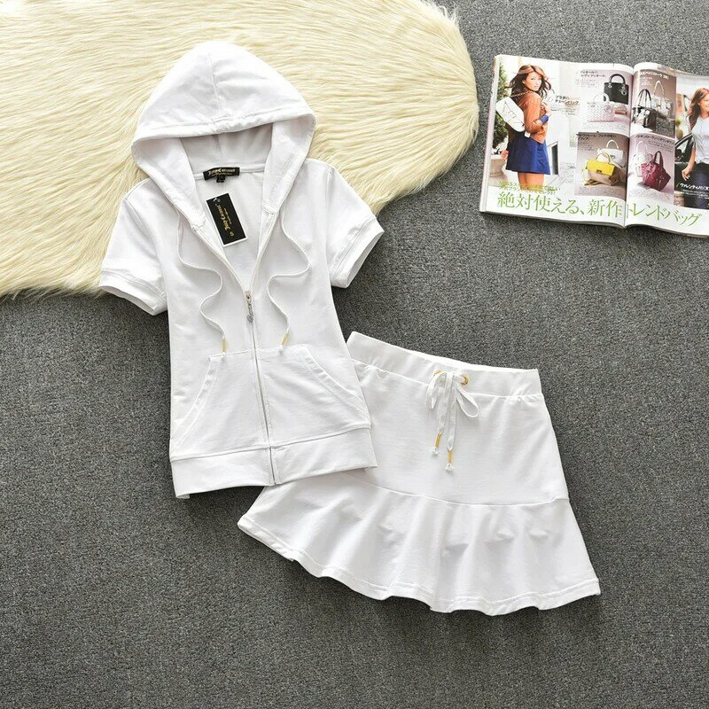 2024 Summer Short Sleeve Hoodies and Short Skirt Two piece Set Cotton Color Women Sports Pleated Skirt Set
