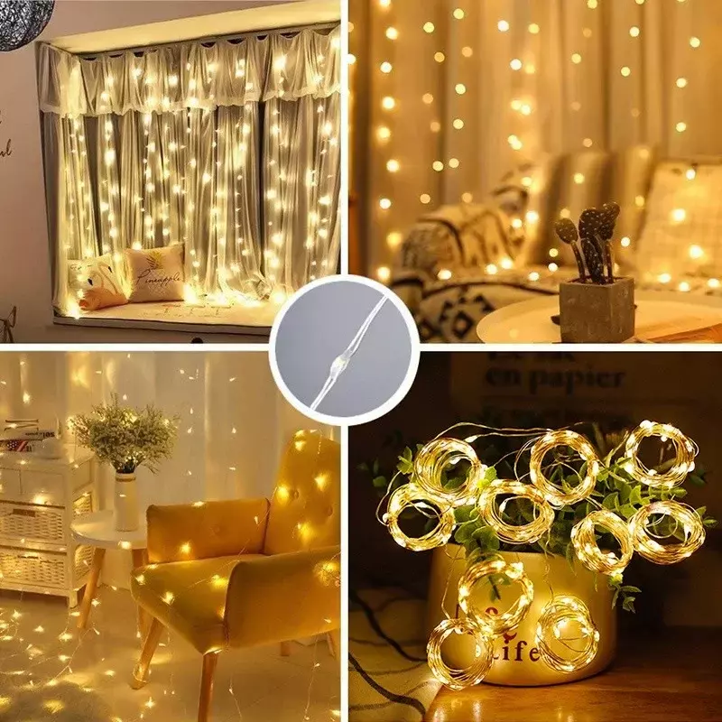 Tirai lampu LED 3M, untaian lampu peri karangan bunga dekorasi Natal pesta pernikahan USB Remote 8 mode pencahayaan air terjun