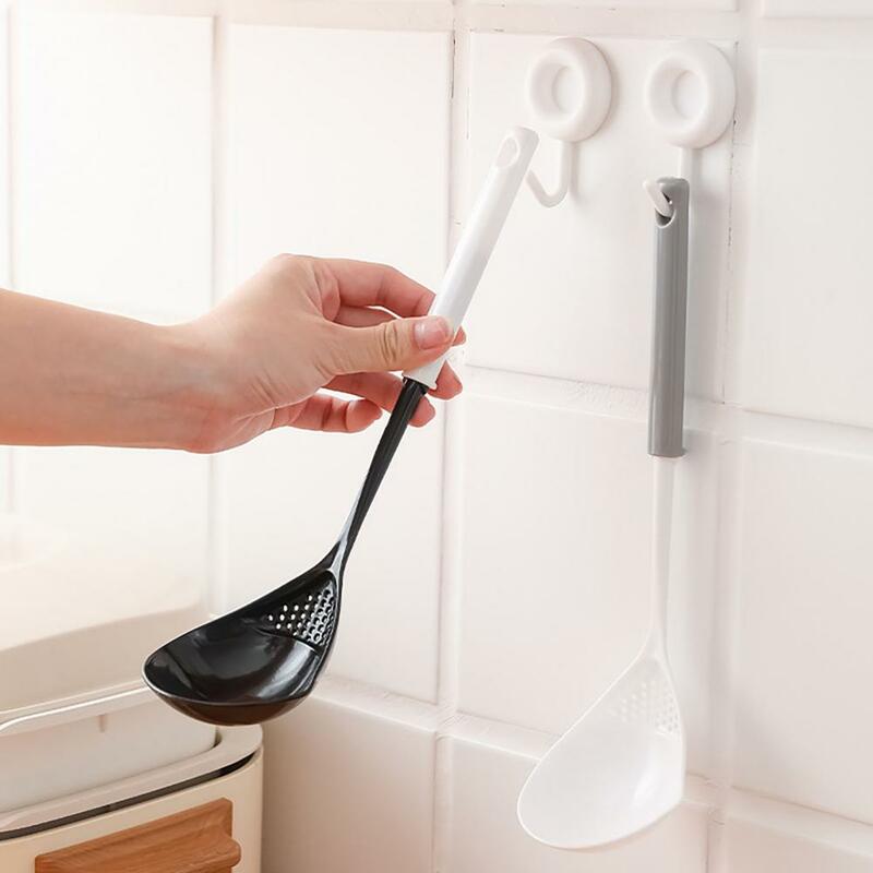 Cooking Spoon Temperature Resistance Drainage Nozzle with Leakage-Holes Long Handle Hangable Spoon Strainer for Canteen