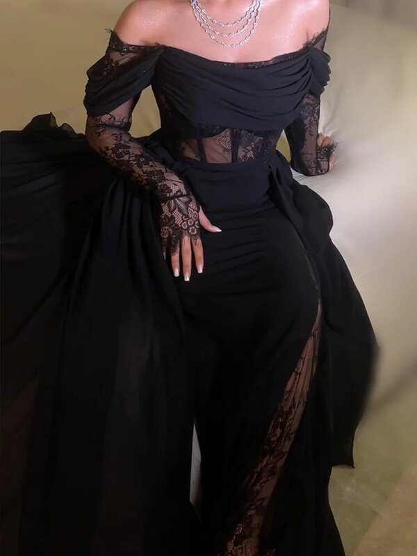 Jirocum elegante A-Linie Ballkleid Frauen schulter frei sexy Spitze Party Abendkleid schwarz bodenlangen besonderen Anlass Kleider