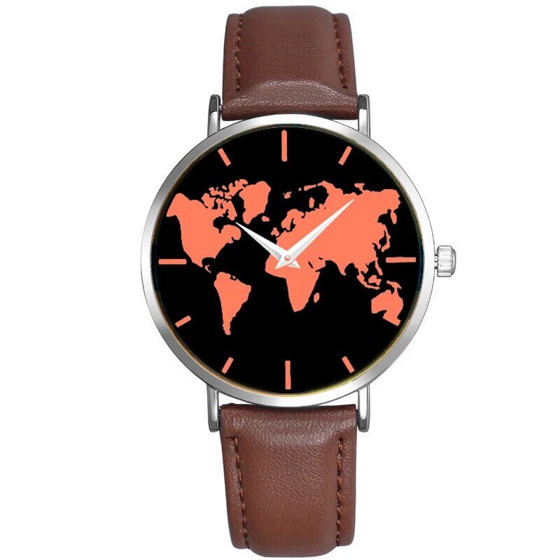 New Fashion World Map Watch Silver Brown Leather Wristwatch With Minimal Quartz Wristwatches