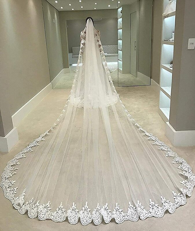 4 Meters  Long Lace Appliques Wedding Veil White Ivory Cathedral 1 Tiers Bridal Veil  Wedding Accessories