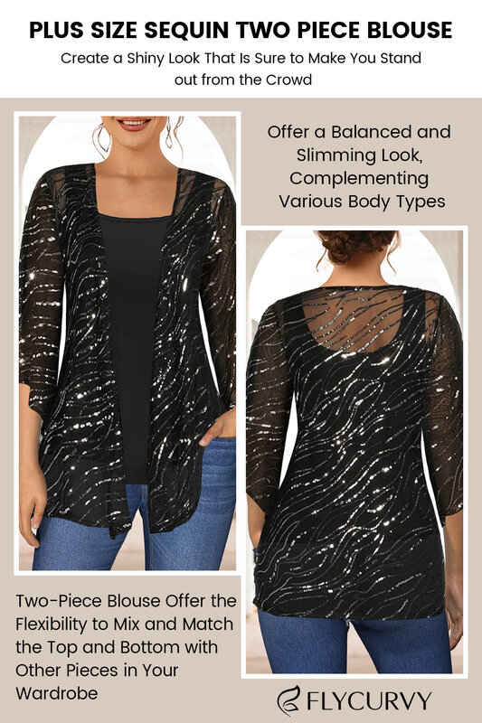 Flycurvy Plus Size Dressy Black Sparkly Sequin 3/4 Sleeve Two Pieces Blouse