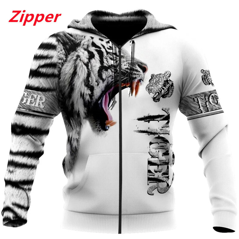 Moletom de tigre animal masculino, moletom estampado 3D com pele de leão, pulôver com zíper unissex, jaqueta casual, moda quente, 2024