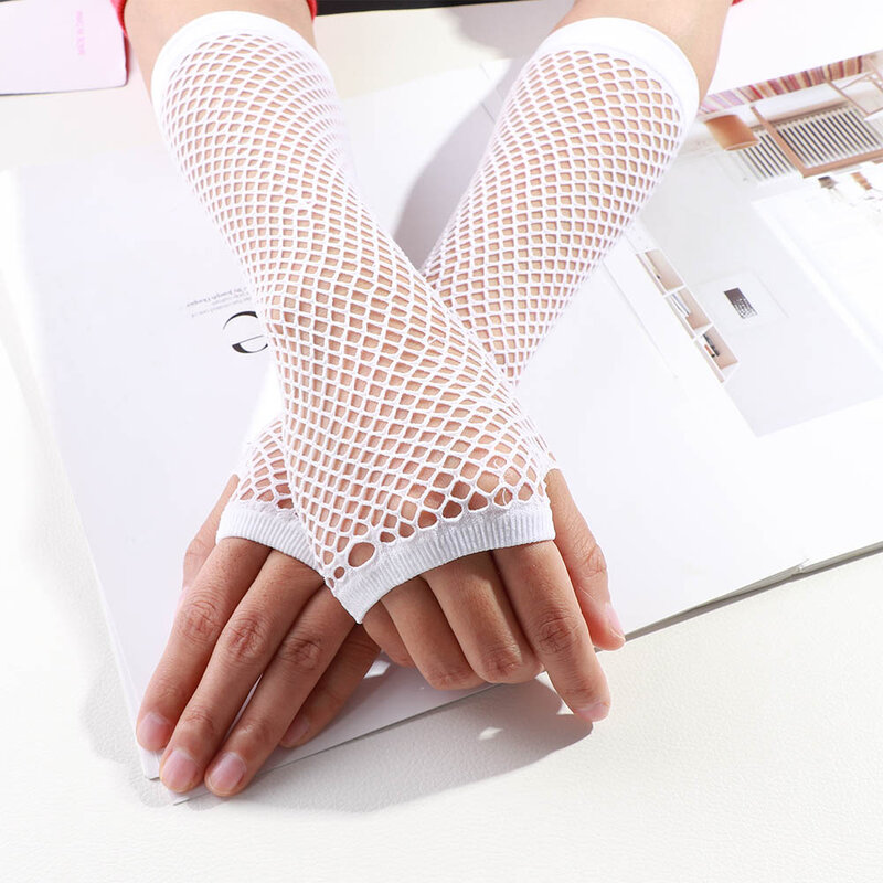 1 Pair Sexy Women Party Neon Fishnet Fingerless Long Gloves Sun Protection Sleeves Mesh Lace Thin Gloves Summer Arm Warmer