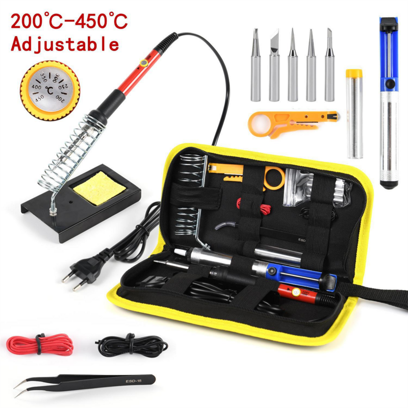 Kit de soldador de 220V y 60W, temperatura ajustable, 15 en 1, juego de herramientas con soldador, enchufe europeo, azul, AU opcional