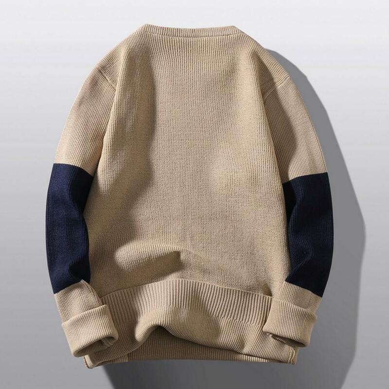 Sweater pria, Sweater kasual leher bulat lengan panjang pria nyaman warna blok Sweater rajut tebal hangat gaya musim gugur/musim dingin