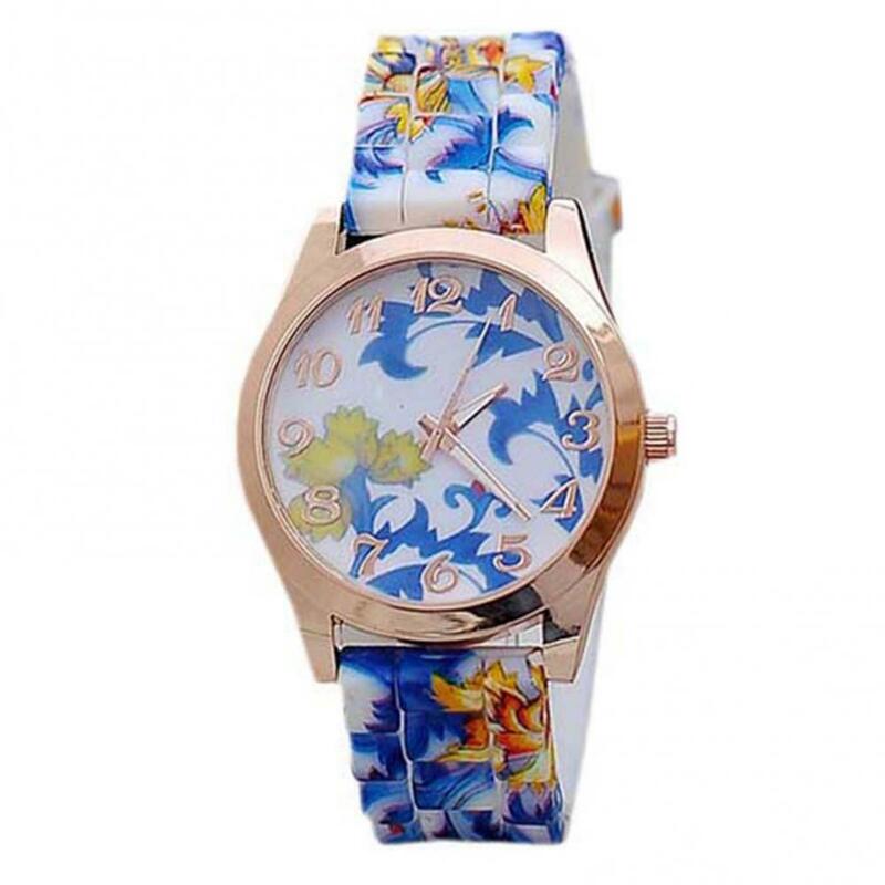 Reloj de pulsera de cuarzo para mujer, banda de silicona con estampado de flores, esfera de números árabes