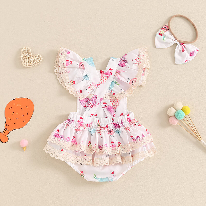 2024-04-03 lioraitiin Toddler Baby Girl Summer Outfit, Rooster Print Lace Trim Square Neck Fly Sleeve pagliaccetto Bow Headband Set