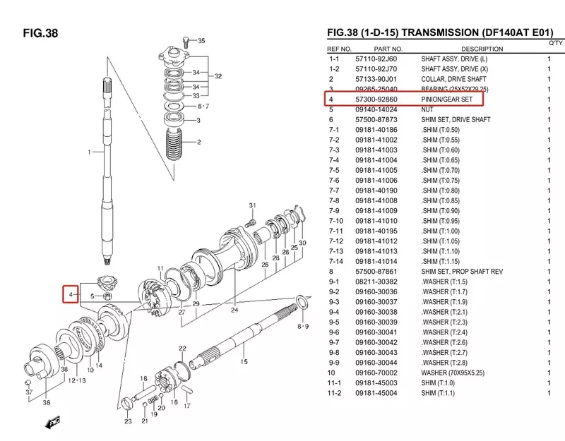Комплект зубчатых передач 57300-92862 для подвесного мотора Suzuki 4T DF100 DF115 DF140 2014 up, 57300-92800 57300-92860