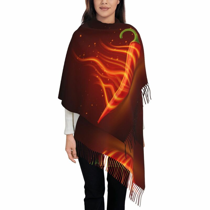 Sciarpa Anti freddo da donna con frange a pelo lungo in peperoncino rosso stampato personalizzato