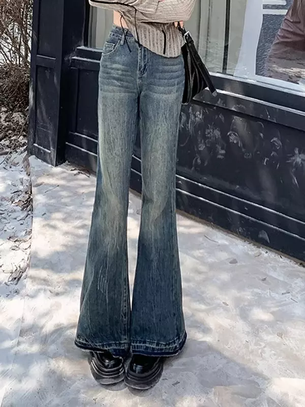 American Vintage chique flare jeans solto feminino, jeans casual, comprimento total clássico, moda simples, lavado, cintura alta, verão, novo