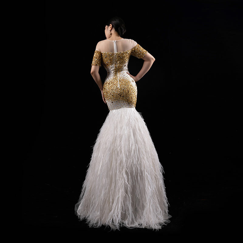 Zeremonielle lange Kleid mit Straußen haar maßge schneiderte Abendkleid schwere handgemachte Perlen für Party Body Show Slim Fit formelle 520