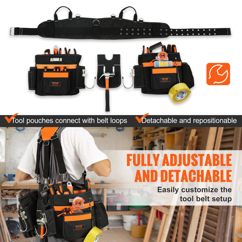 VEVOR Tool Belt 29-54 inches Adjustable Waist Size with Suspenders Heavy Duty Carpenter Tool Pouch for Carpenters Electricians