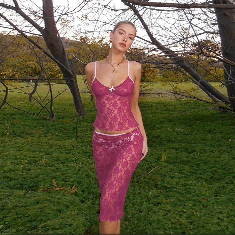 Różowa 2-częściowa koronkowa damska suknia wieczorowa + górny pasek bez rękawów letnia suknia wieczorowa plażowa spódnica na co dzień w stylu Streetwear