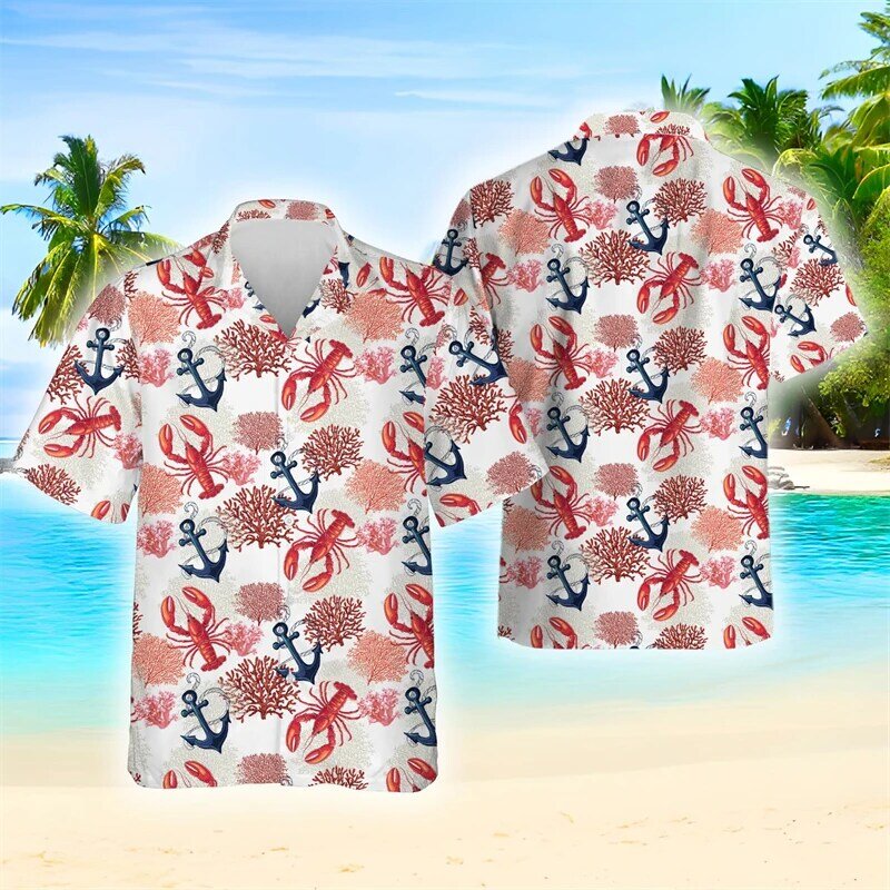Camisas hawaianas con estampado 3D de ancla de langosta para hombre, ropa Harajuku, Tops de manga corta para playa, Camisas casuales Vintage