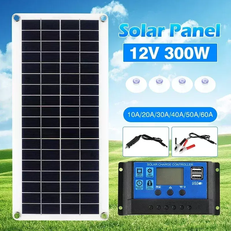 300w painel solar flexível 12v carregador de bateria dupla usb com 10a-60a controlador células solares banco de energia para telefone carro iate rv