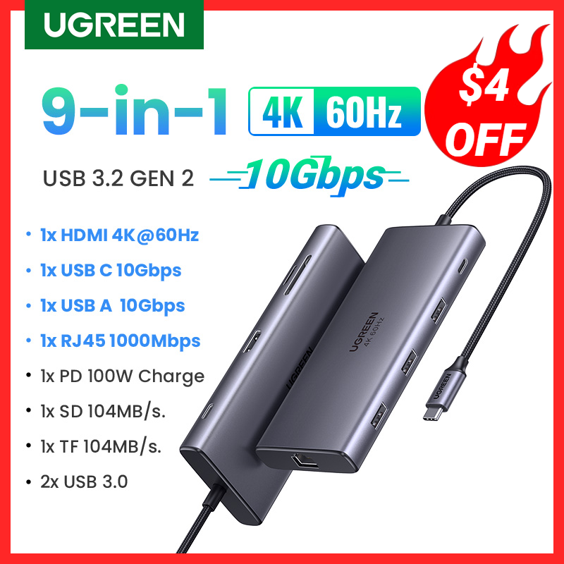 UGREEN-concentrador de red USB tipo C a HDMI, RJ45, Ethernet, PD100W, 10gbps, 4K60Hz, para MacBook, iPad, Huawei, Samsung, PC, tableta, teléfono, USB 3,0