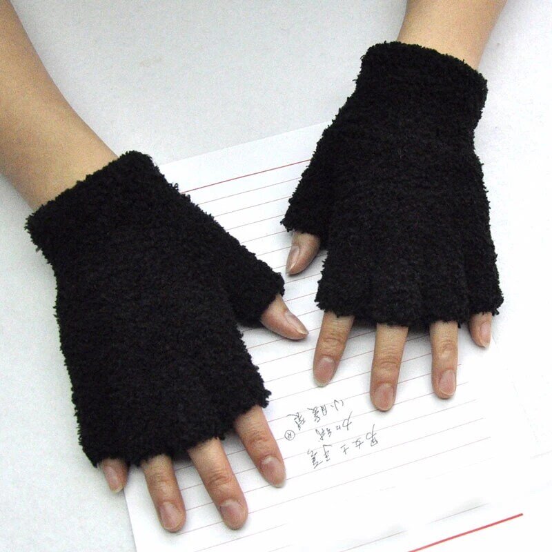 1Pair Black Pink Half Finger Fingerless Gloves For Women And Men  Soft Furry Knit Wrist Cotton Gloves Winter Warm Workout Gloves