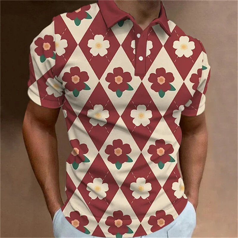 일반 남성용 폴로 셔츠, 3D 프린트 꽃 패턴 라펠 반팔 탑, 레저 스트리트 통기성 의류, 여름 신상 패션