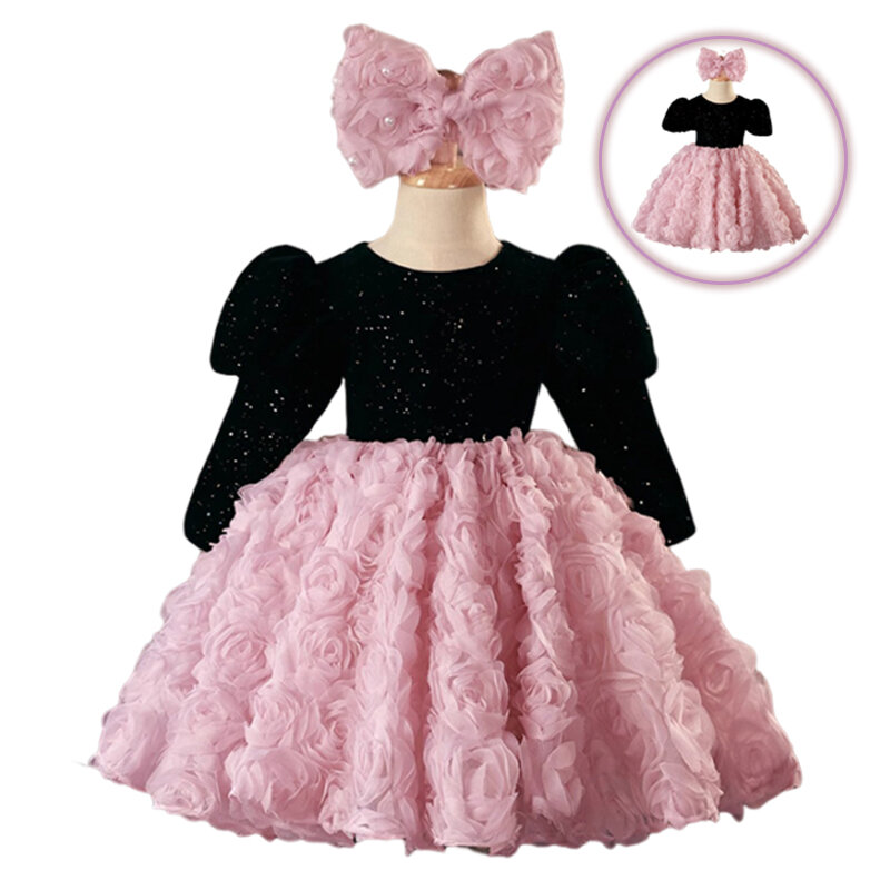 Зимнее женское розовое черное цветочное кружевное платье длиной до колена для церемоний рождения, свадебной вечеринки, стандартное бальное платье принцессы, размер 1-14