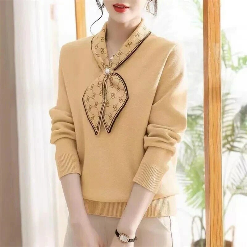 Fashion Knitted Sweater Pullover 2024 Spring Autumn Winter Clothing Sweater Middle Aged Women Knitwear Loose Bottomed Shirt Top