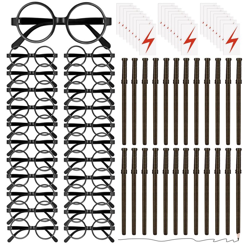 72x juego de favores de fiesta temática de mago, incluye 24 lápices de varita, 24 gafas de mago con marco redondo, sin lentes, 24 tatuajes