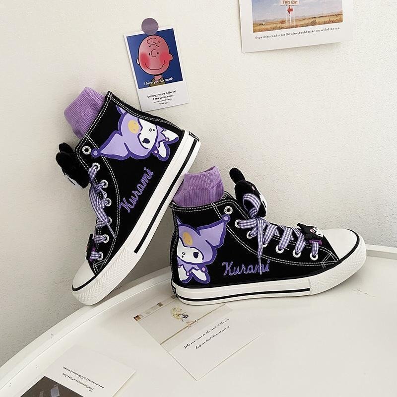 Аниме Sanrio Kuromi детские высокие холщовые ботинки Kawaii Мультфильм нескользящая подошва холщовые Мультяшные ботинки студенческие подарки для девочек