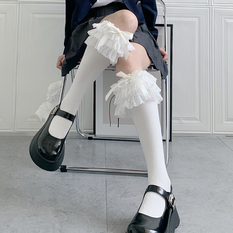 Lolita Nylon Lace Knee High Socks Fairy Maid Bow Knot Cotton Stockings Cartoon Cute Girl Princess