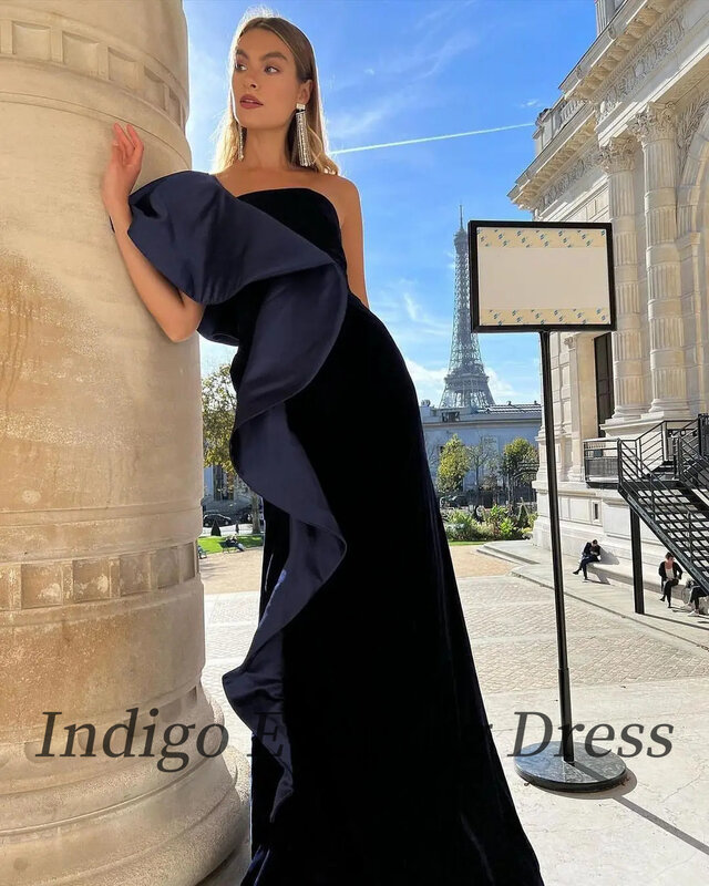 Robe de Bal en Satin Noir Indigo pour Femme, Sans Bretelles, Sirène, Longueur au Sol, Élégante, Arabie Saoudite, 2024