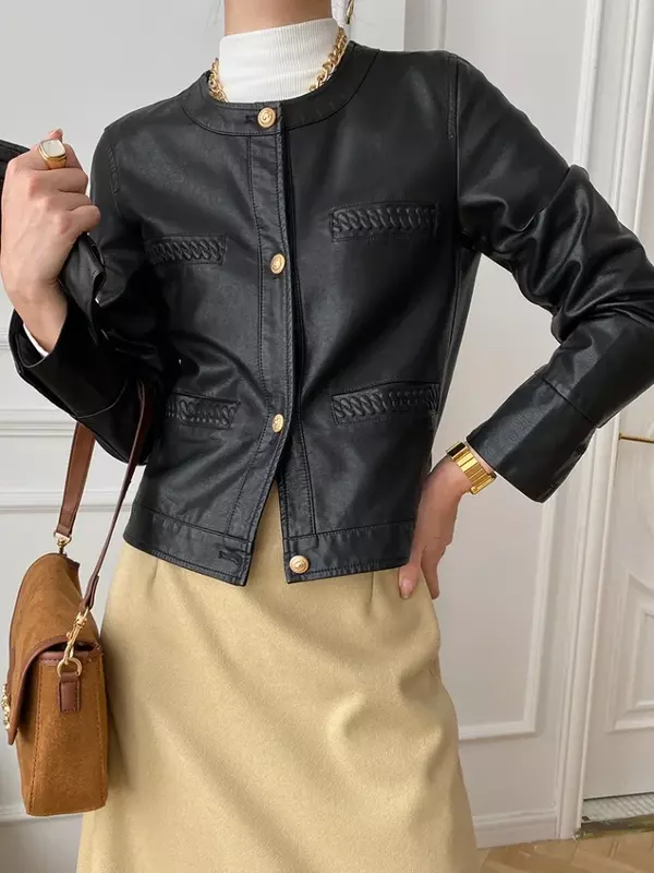 Женская кожаная куртка с круглым вырезом, демисезонная укороченная куртка из искусственной кожи с тканевой текстурой, 2024