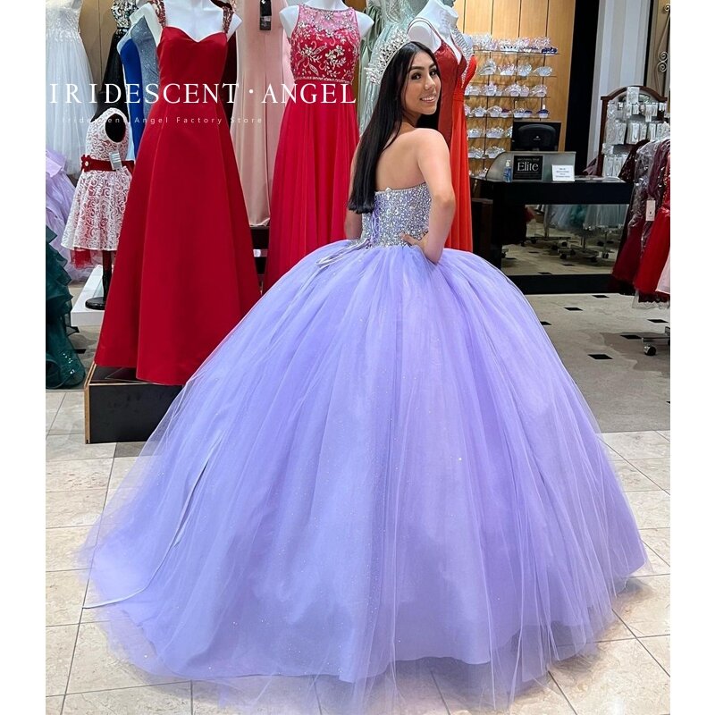 Abito da ballo iridescente viola chiaro Lace Up Backless Crystal 15 anni Quinceanera abiti formale compleanno principessa Prom Party