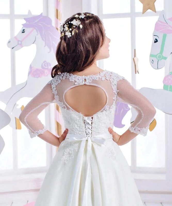 Vestido da menina da flor branca para casamentos cristal lantejoulas renda applique vestido para menina primeira comunhão sagrada vestidos de festa