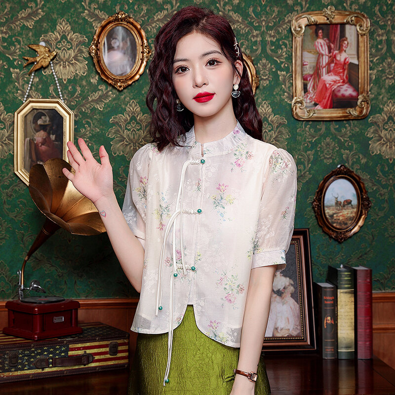 Nuova camicia a maniche a bolle floreale abbottonata in stile cinese per l'estate delle donne 2024 nuova camicia in Chiffon di pizzo Top abbigliamento femminile