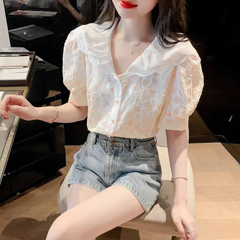 여성용 꽃 자수 셔츠, 여름 상의, 피터팬 칼라, 우아한 세련된 한국 스타일, 달콤한 러블리 디자인, 빈티지 신상