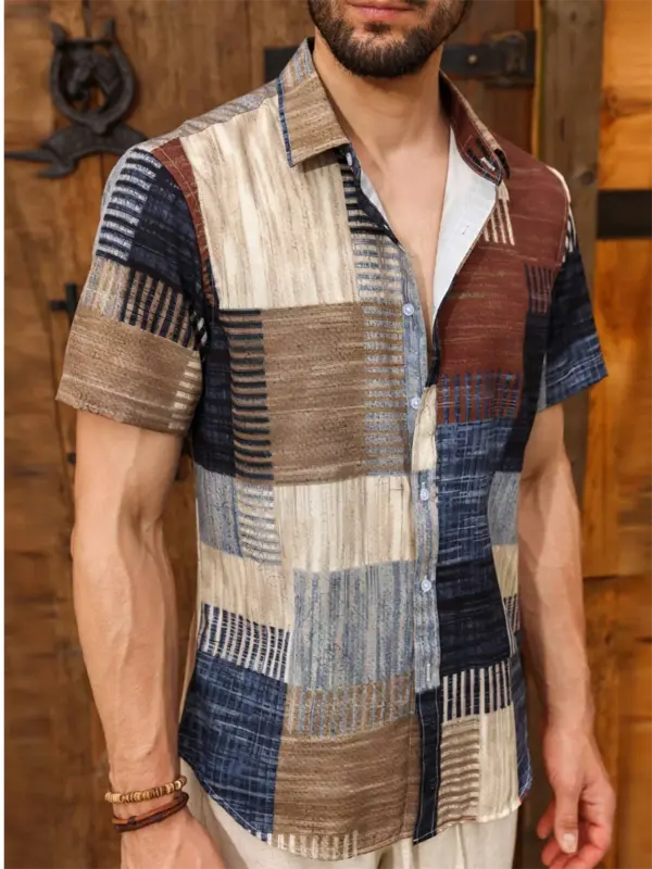 Camisa masculina com padrão retro estampado em 3D, manga curta, solta, adequada para praia casual, havaiana, moda, XS-5XL, 2024