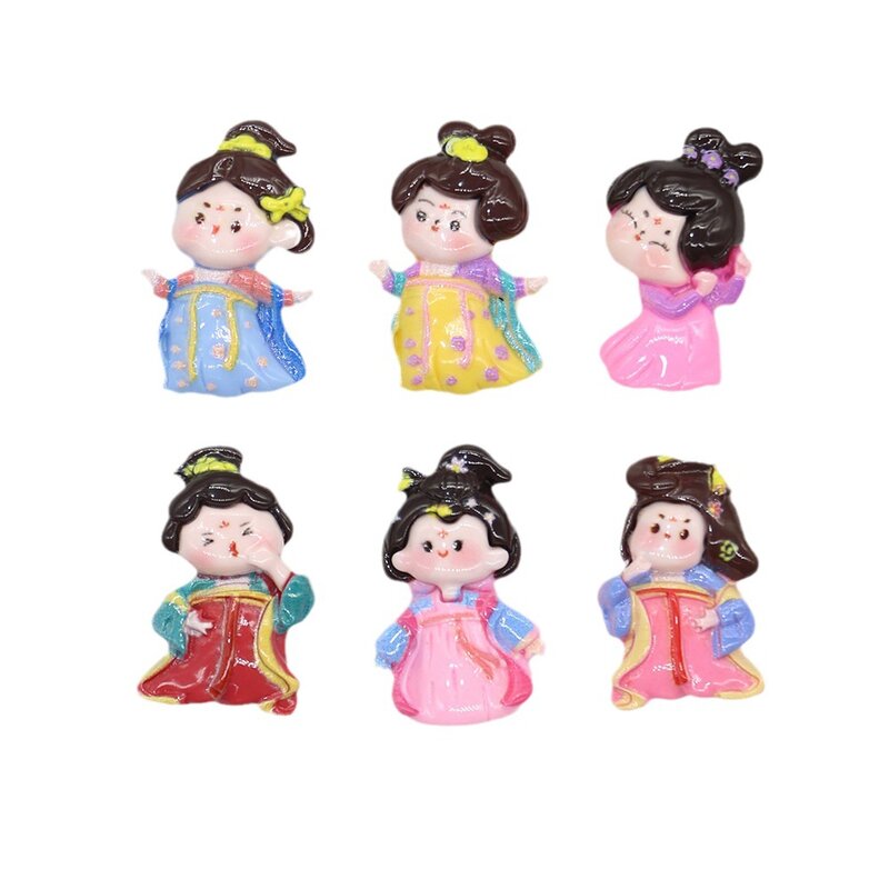 Miniso resina acessórios para meninas, desenhos animados Flatback, trajes antigos, dinastia Tang, atacado, 5pcs