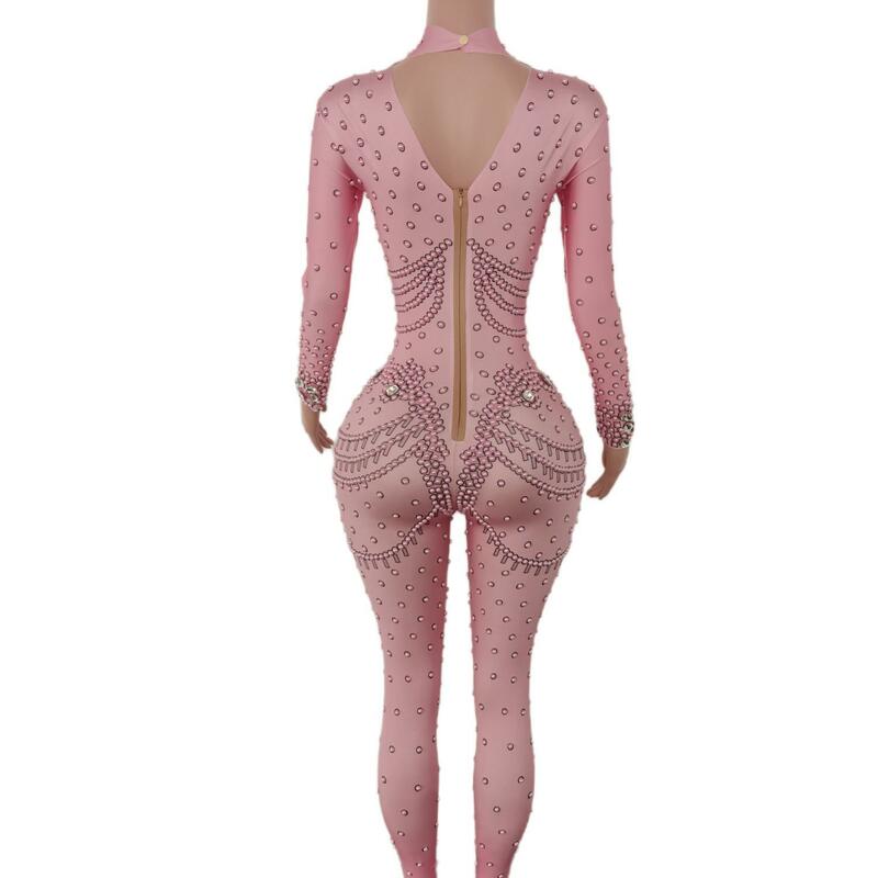 Women Nightclub Party Stage Wear Performance Costumes Sexy Stage Pink Color Jumpsuit Pink Glass Sparkling Crystals Bodysuit