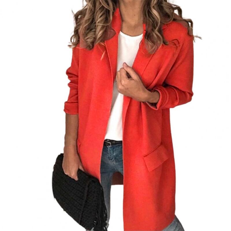Setelan jaket kardigan panjang wanita, jaket kardigan panjang kerah lipat warna Solid, jaket kasual mode wanita