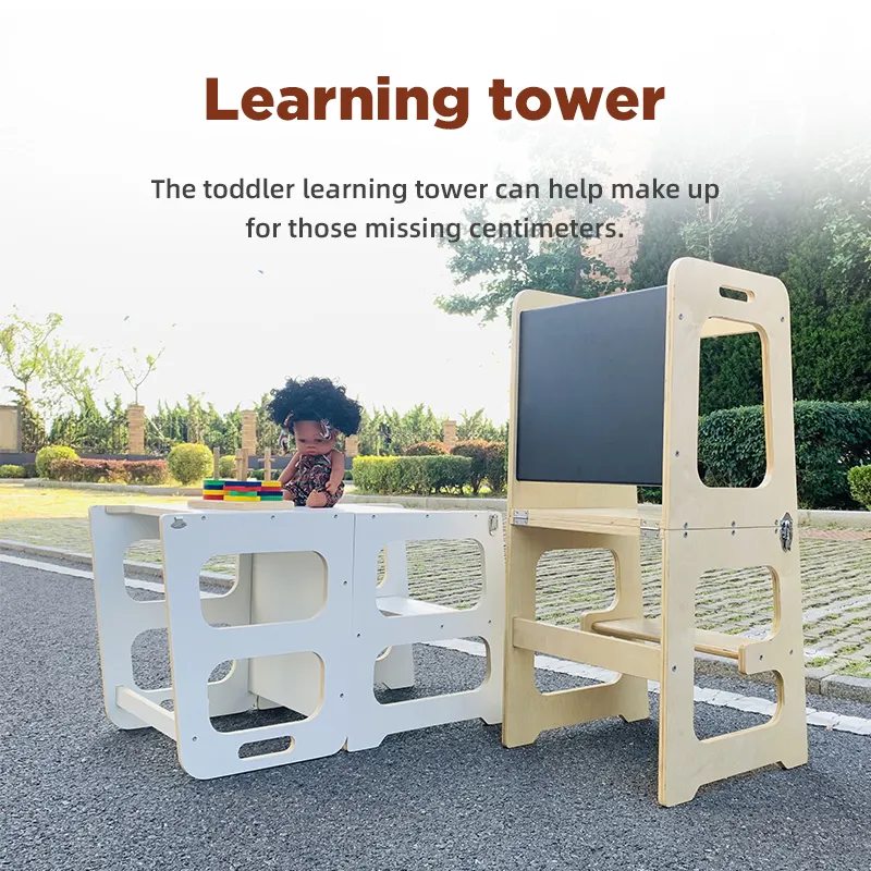 Xihatoy เก้าอี้บันไดในห้องครัวสำหรับเด็ก, เก้าอี้สูงให้อาหารเด็กทารกสำหรับเด็กหัดเดินหอคอยไม้พับได้พร้อมกระดานดำ