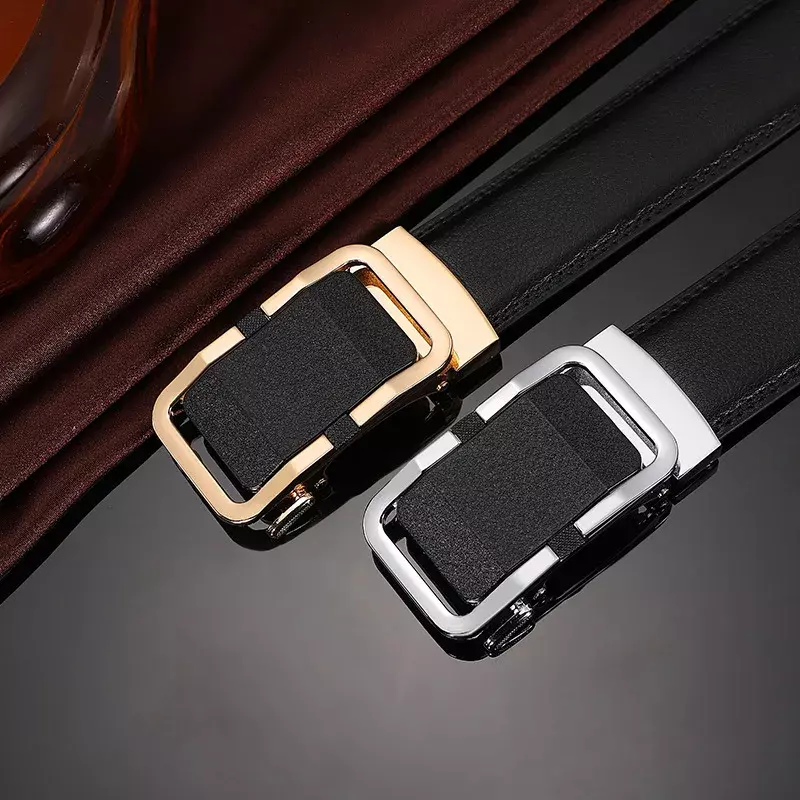 Plyesxale-Cinturón de piel de vaca auténtica para hombre, cinturón informal de diseñador de lujo con hebilla automática, color negro, B1075