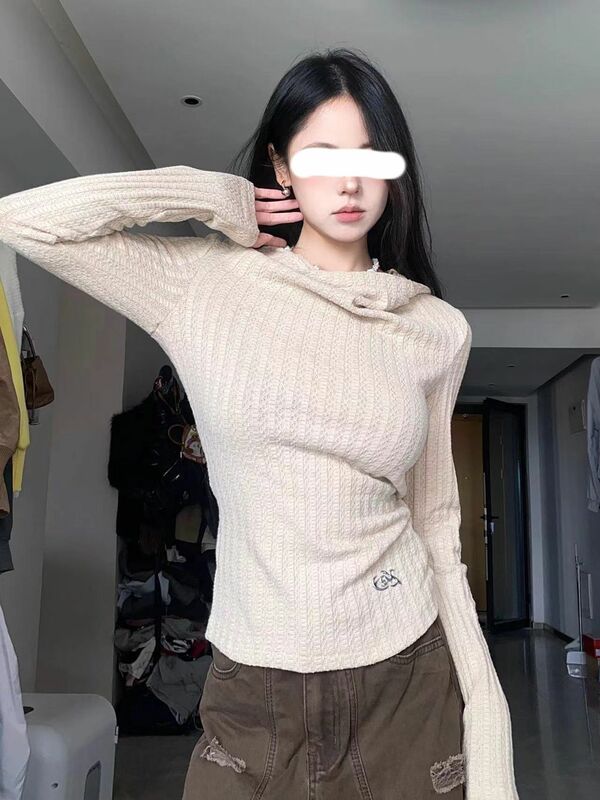 Y2k Slim fit Hooded Long Sleeve Women Thin Knitted Shirt Vintage Solid Slim Waist Tops Mujer Sweatshirts Autumn