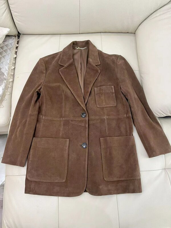 Vintage Nubuck Leather Coat for Women Spring Fashion Genuine Suede Retro Jacket Unburn Maillard Old Money Style Silhouette Suit